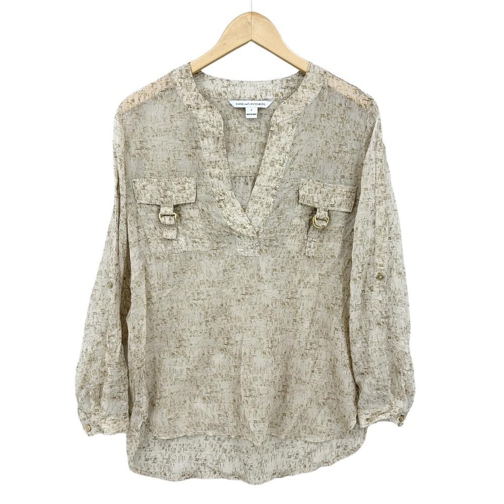 DIANE VON FURSTENBERG Danielle Blouse Silk Gold Metallic Long Sleeve